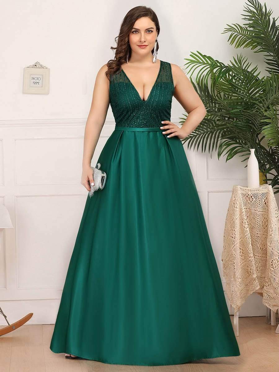 Color=Dark Green | Deep V Neck Floor Length Plus Size Sparkly Evening Gown Dresses-Dark Green 1