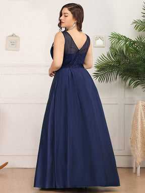 Color=Navy Blue | Elegant Deep V Neck Floor Length Evening Dress-Navy Blue 7
