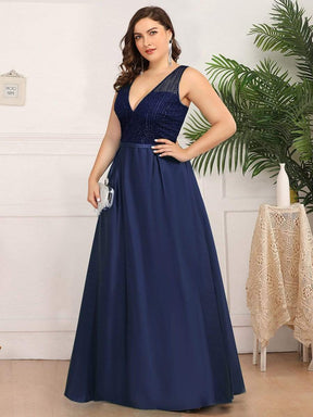 Color=Navy Blue | Deep V Neck Floor Length Plus Size Sparkly Evening Gown Dresses-Navy Blue 3