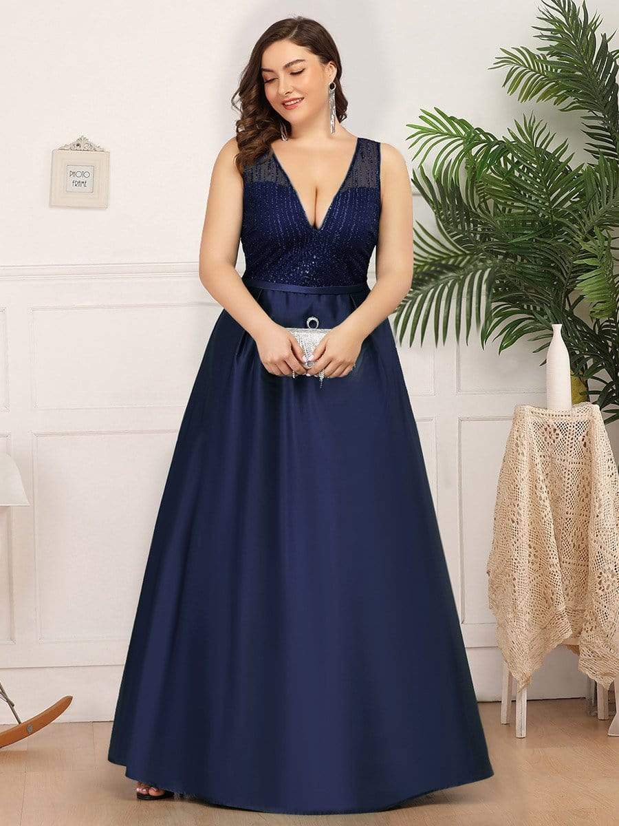 Color=Navy Blue | Elegant Deep V Neck Floor Length Evening Dress-Navy Blue 9