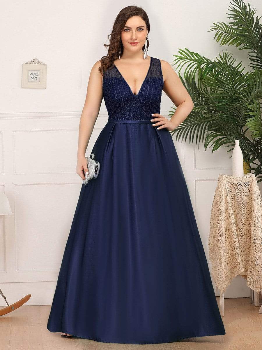 Color=Navy Blue | Deep V Neck Floor Length Plus Size Sparkly Evening Gown Dresses-Navy Blue 1