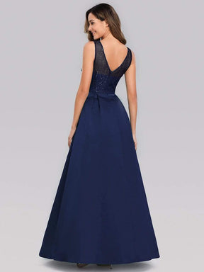 Color=Navy Blue | Elegant Deep V Neck Floor Length Evening Dress-Navy Blue 2