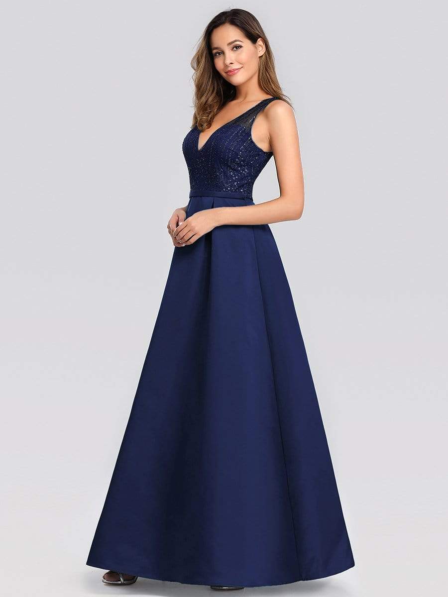 Color=Navy Blue | Elegant Deep V Neck Floor Length Evening Dress-Navy Blue 3