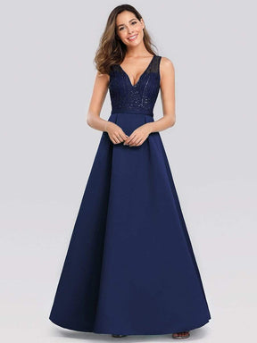 Color=Navy Blue | Elegant Deep V Neck Floor Length Evening Dress-Navy Blue 4