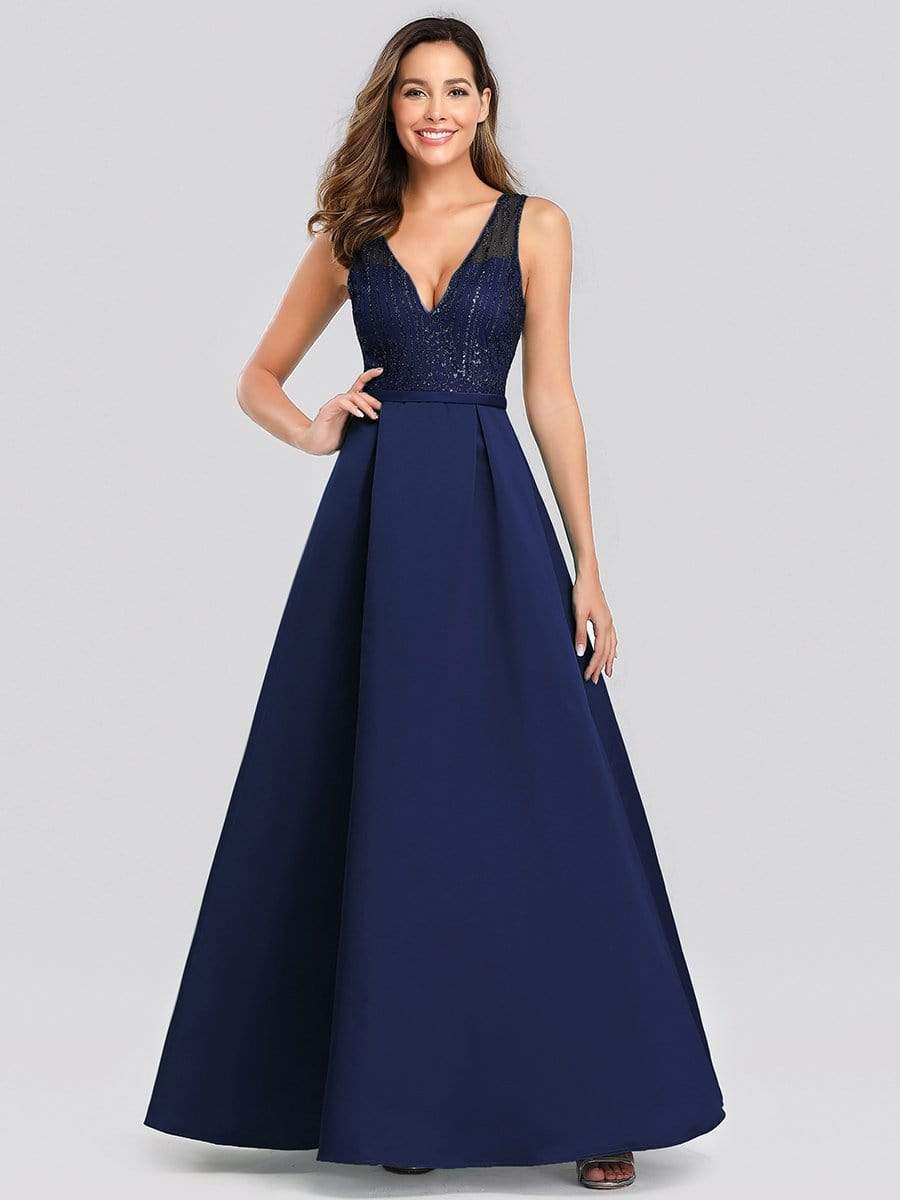 Color=Navy Blue | Elegant Deep V Neck Floor Length Evening Dress-Navy Blue 1