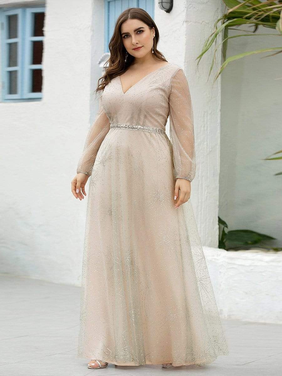 Color=Grey | Plus Size Elegant Deep V-Neck Lantern Long Sleeve Dresses-Grey 4