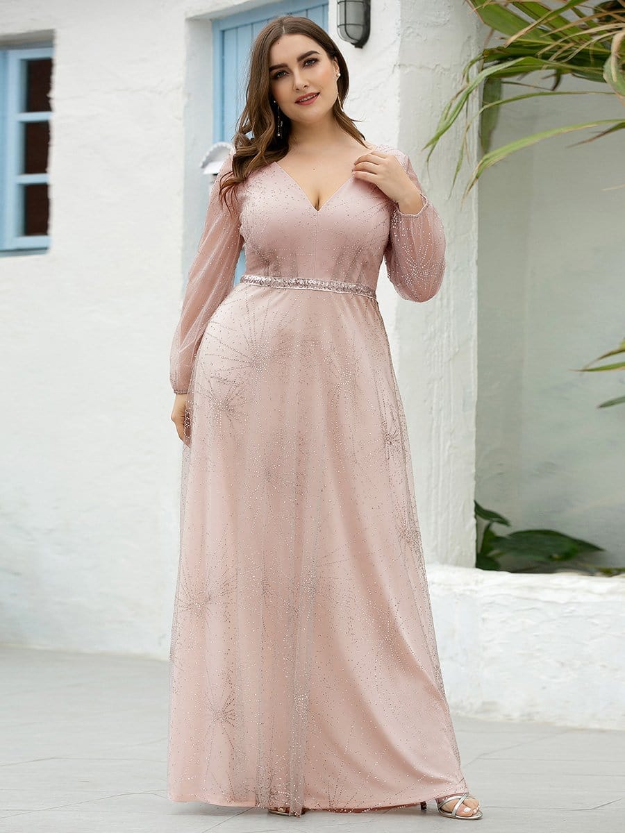 Color=Pink | Elegant Deep V-Neck Lantern Long Sleeve Dresses-Pink 5