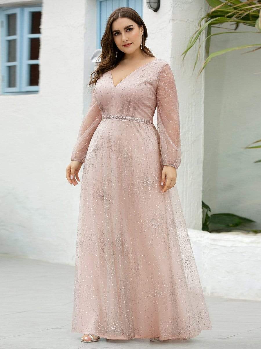 Color=Pink | Elegant Deep V-Neck Lantern Long Sleeve Dresses-Pink 7