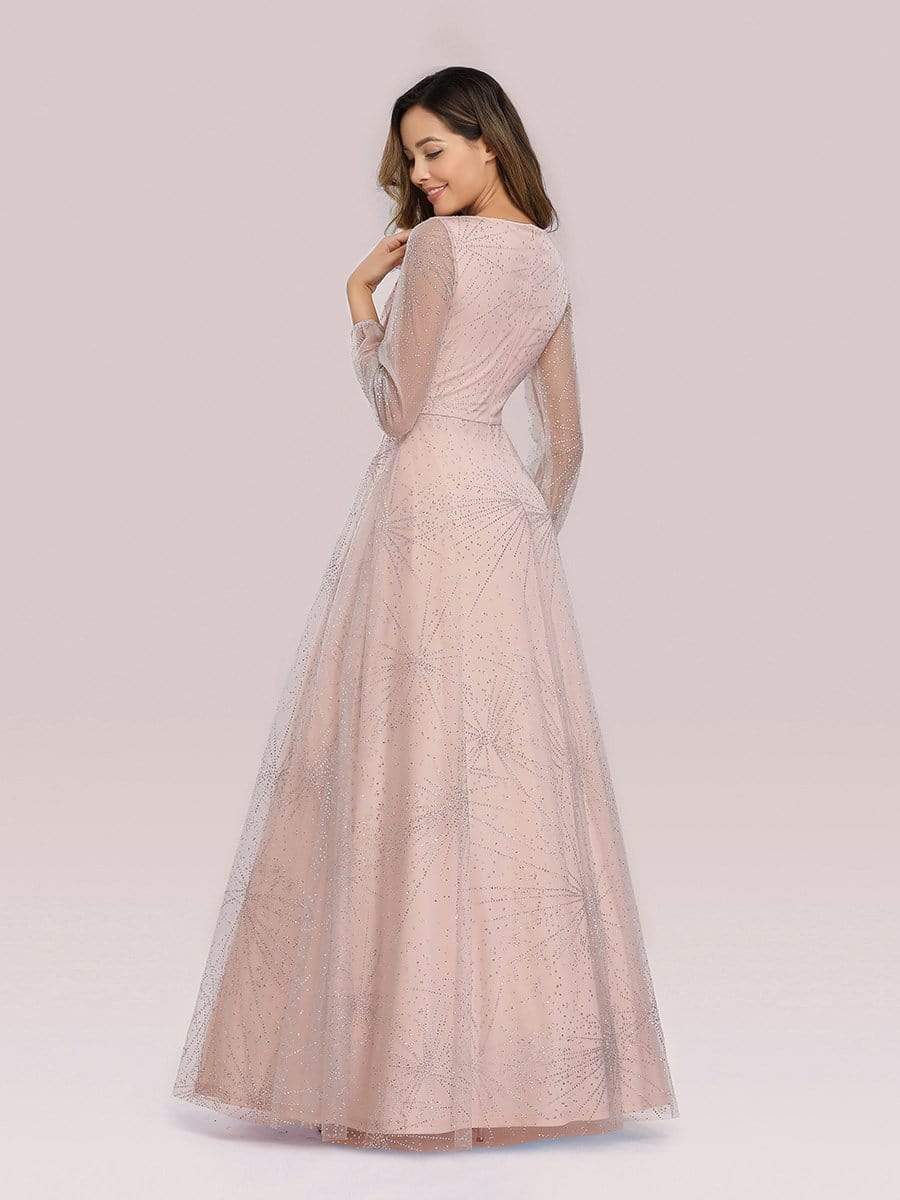 Color=Pink | Elegant Deep V-Neck Lantern Long Sleeve Dresses-Pink 2