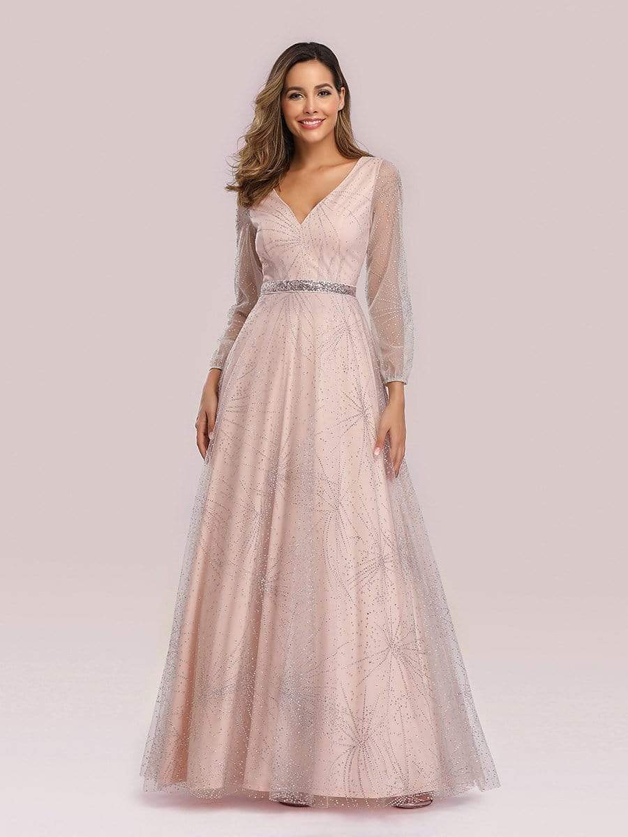 Color=Pink | Elegant Deep V-Neck Lantern Long Sleeve Dresses-Pink 1