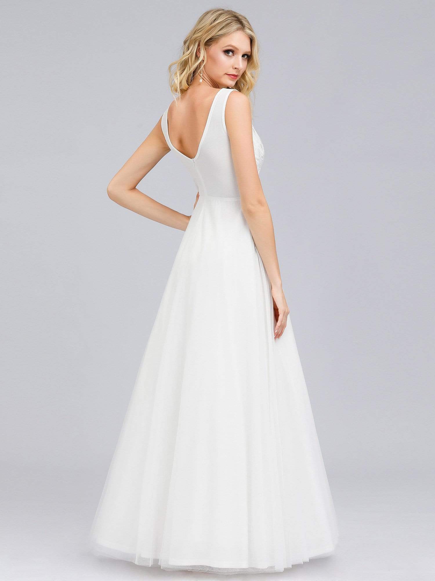 Color=Cream | Double V-Neck Embroidered Wedding Dress-Cream 2