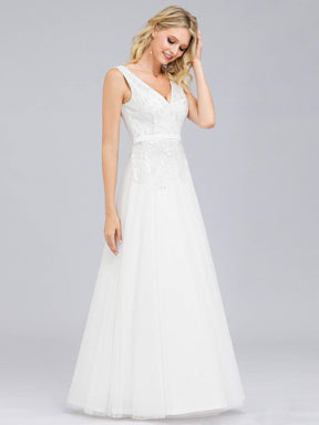 Color=Cream | Double V-Neck Embroidered Wedding Dress-Cream 3