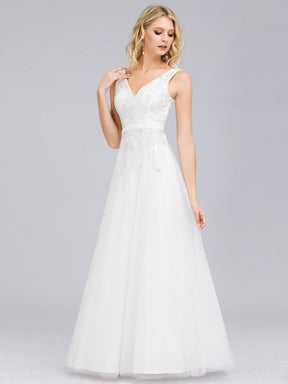 Color=Cream | Double V-Neck Embroidered Wedding Dress-Cream 4