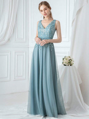 Color=Dusty Blue | Double V-Neck Embroidered Wedding Dress-Dusty Blue 4