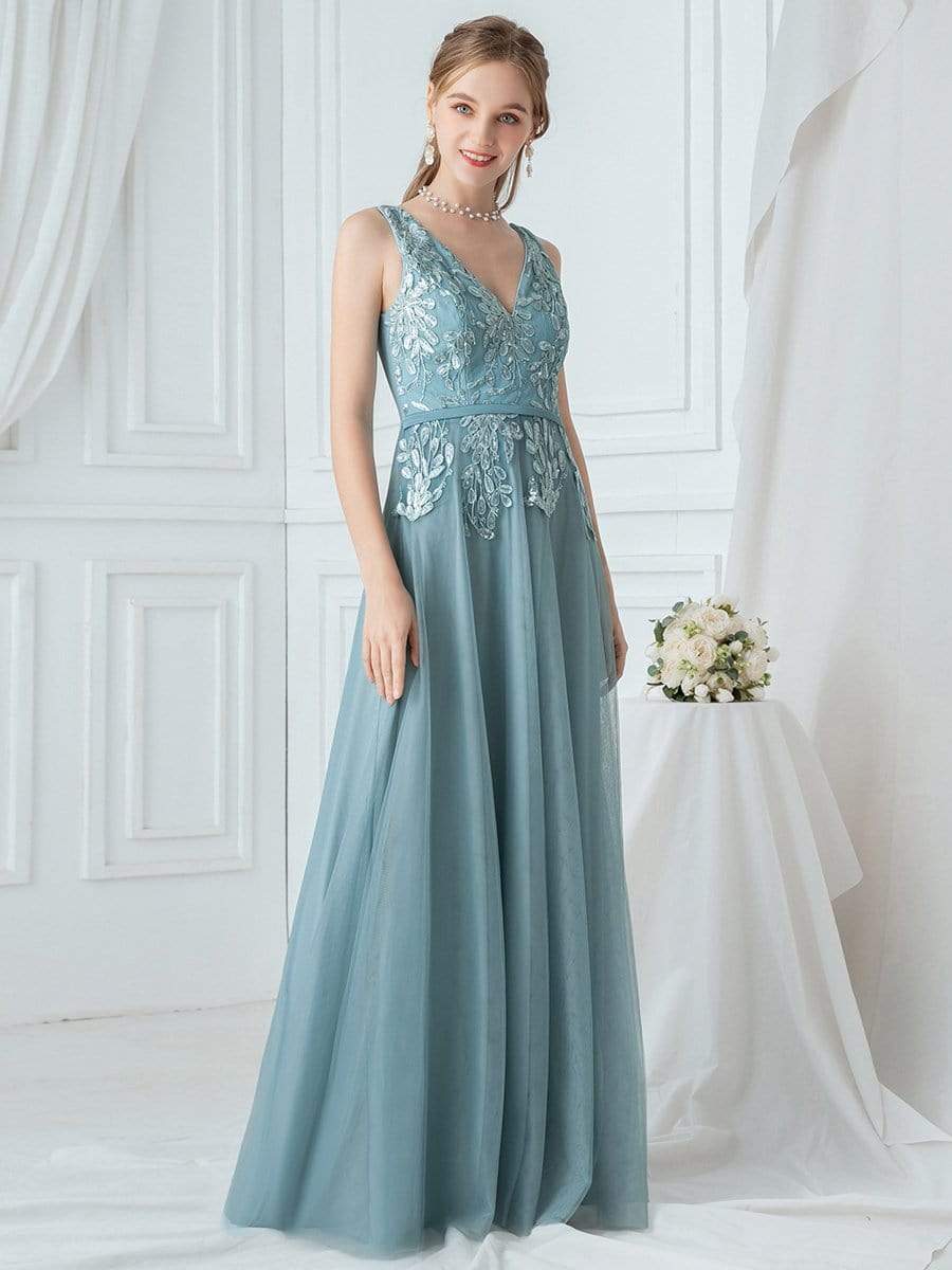 Color=Dusty Blue | Double V-Neck Embroidered Wedding Dress-Dusty Blue 1