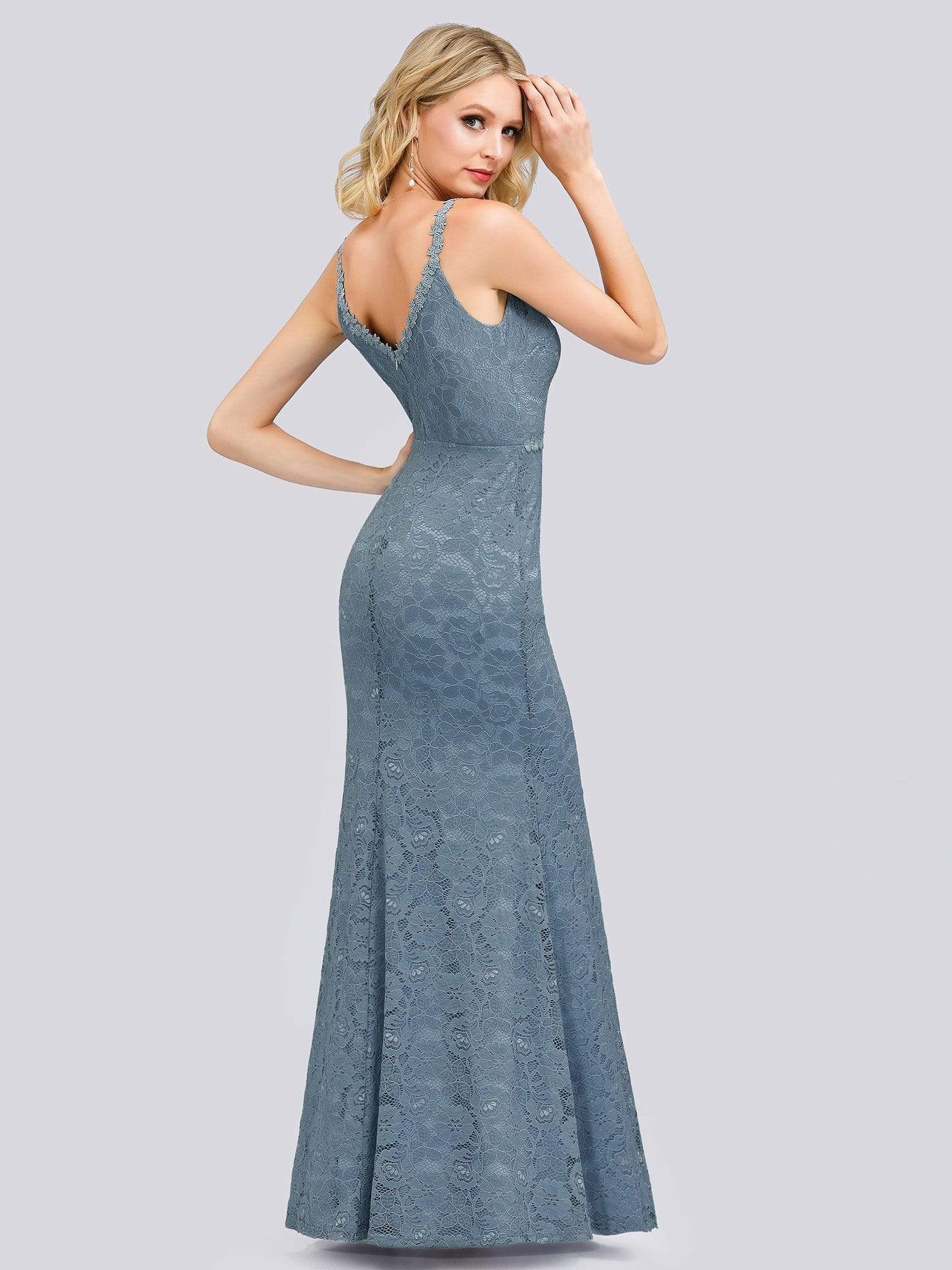 Color=Sky Blue | Women'S V-Neck Spaghetti Straps Floral Lace Mermaid Dress-Sky Blue 2