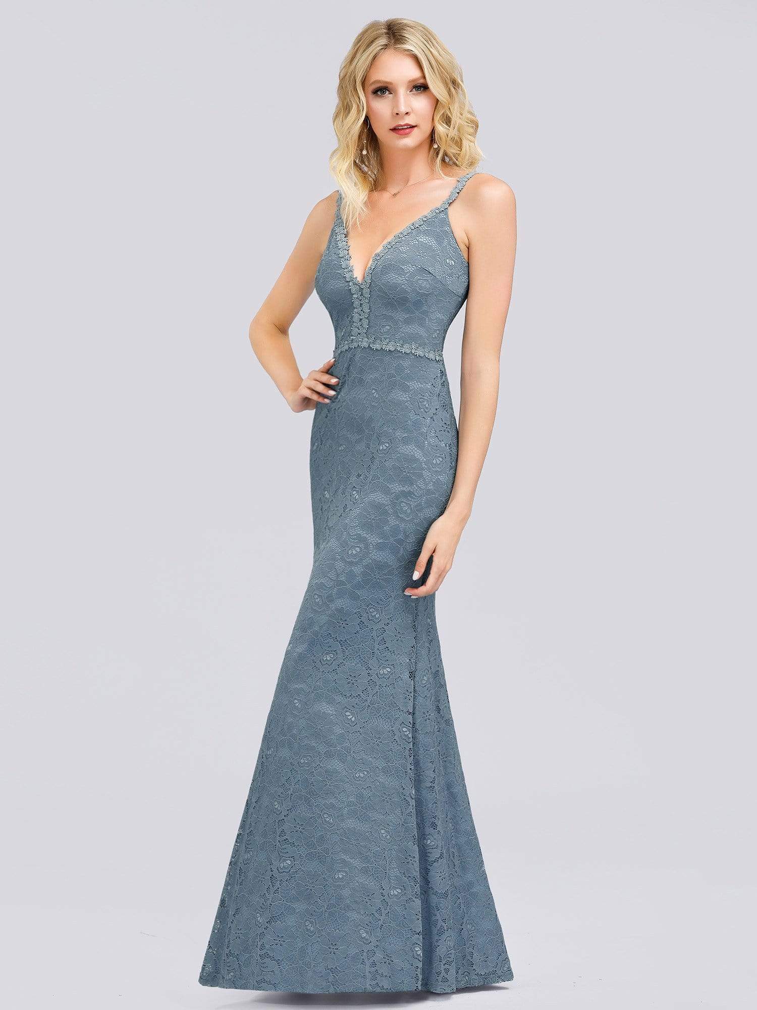Color=Sky Blue | Women'S V-Neck Spaghetti Straps Floral Lace Mermaid Dress-Sky Blue 3