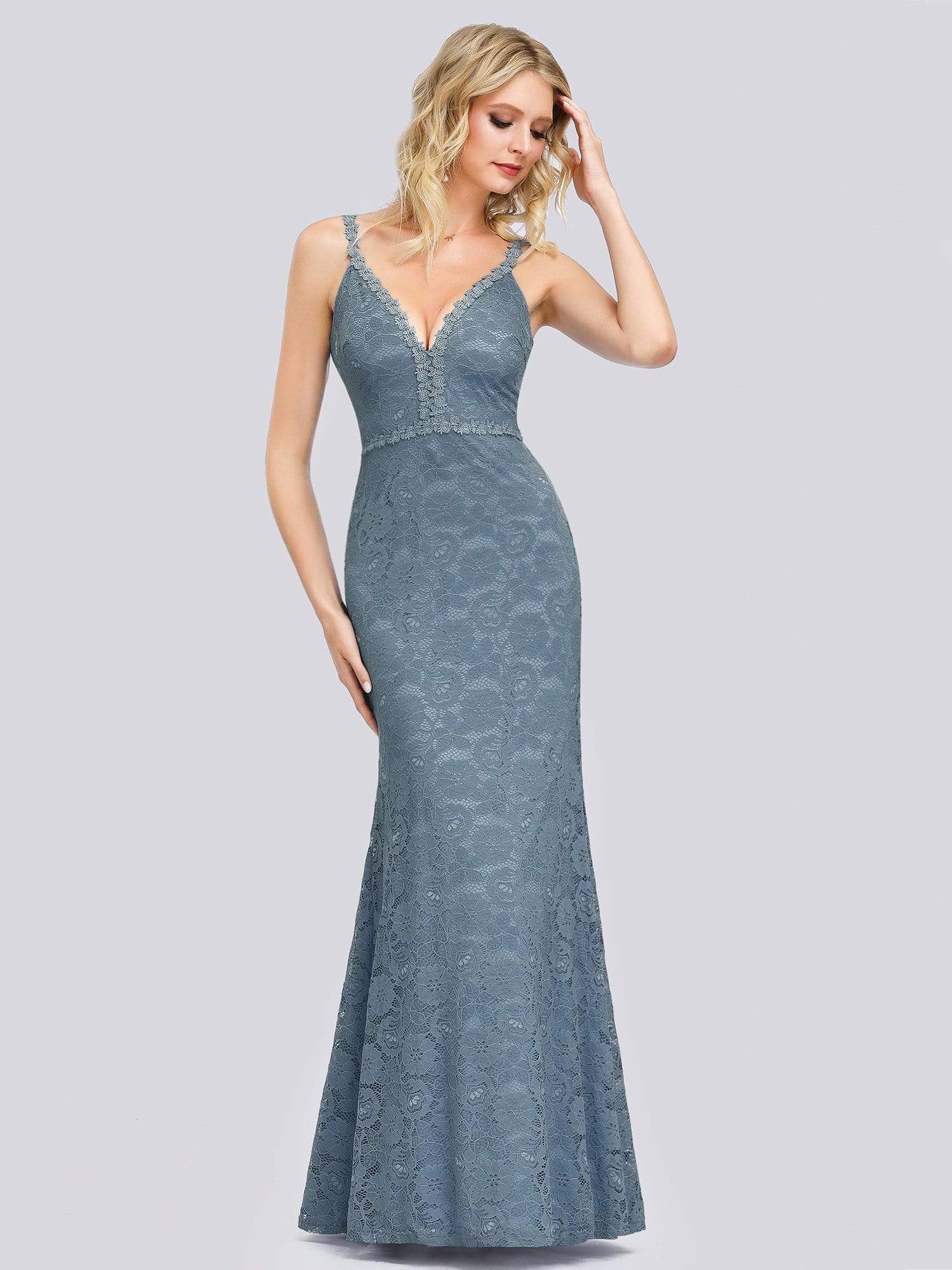 Color=Sky Blue | Women'S V-Neck Spaghetti Straps Floral Lace Mermaid Dress-Sky Blue 1