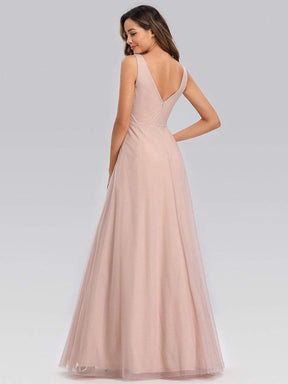 Color=Blush | Elegant V-Neck Floor Length Embroidery Evening Dress-Blush 2