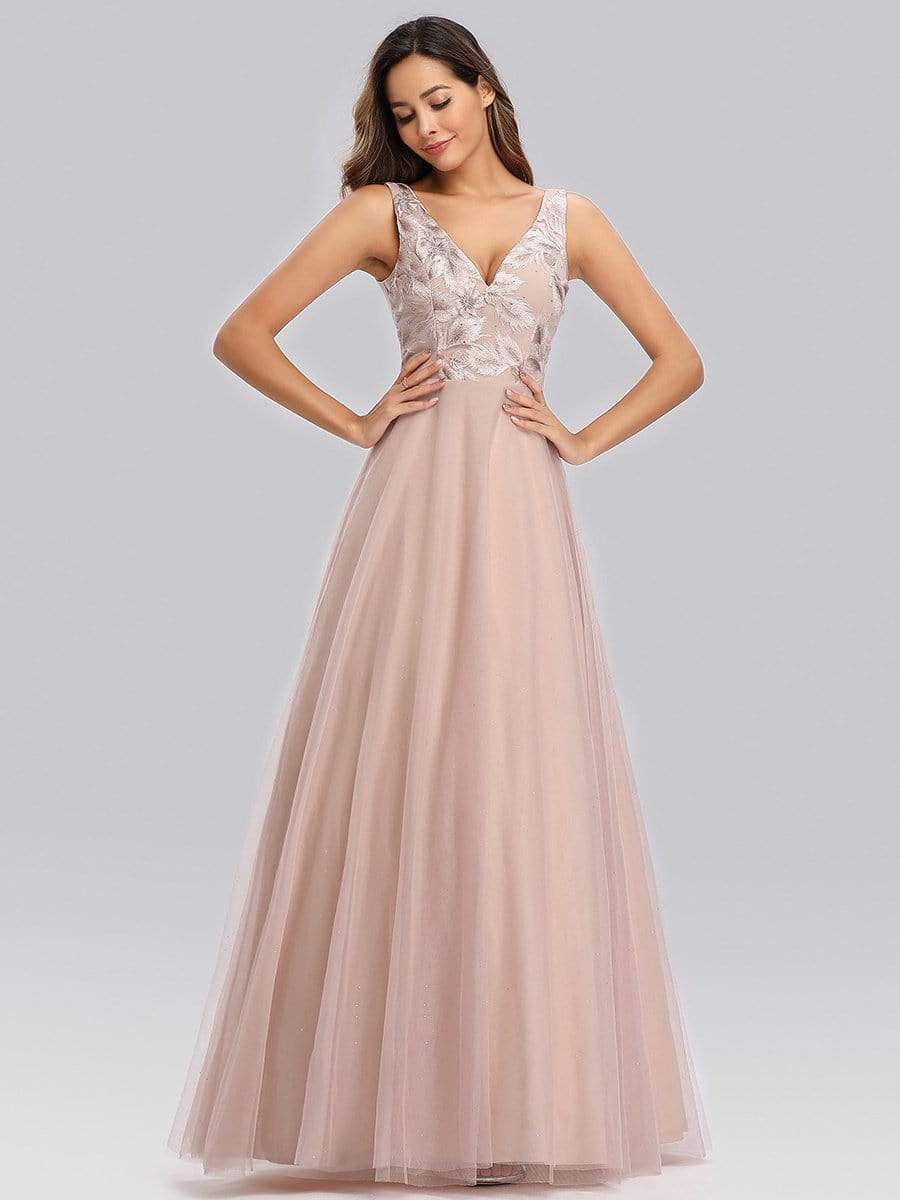 Color=Blush | Elegant V-Neck Floor Length Embroidery Evening Dress-Blush 3