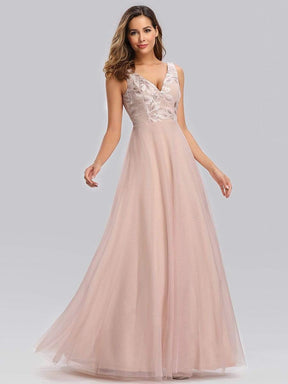 Color=Blush | Elegant V-Neck Floor Length Embroidery Evening Dress-Blush 4