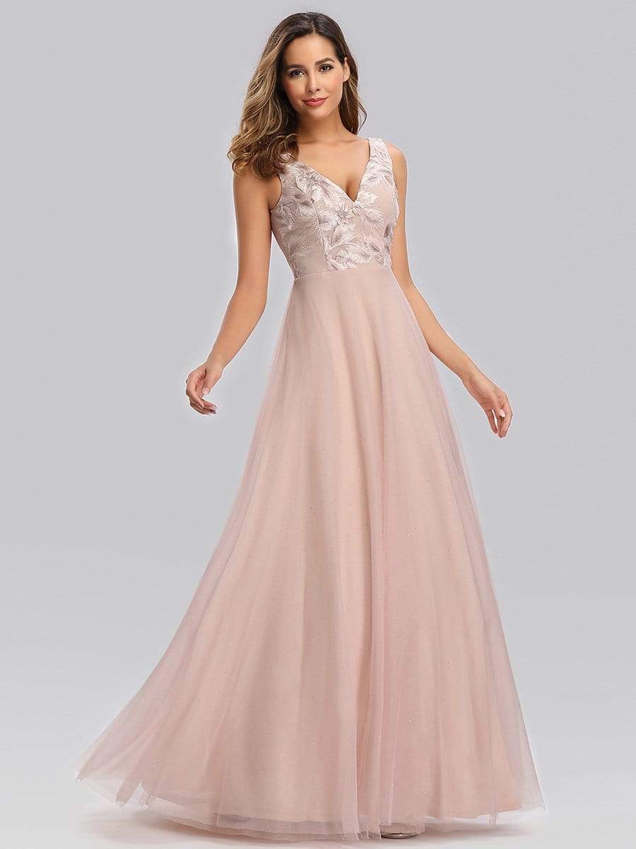 Color=Blush | Elegant V-Neck Floor Length Embroidery Evening Dress-Blush 4