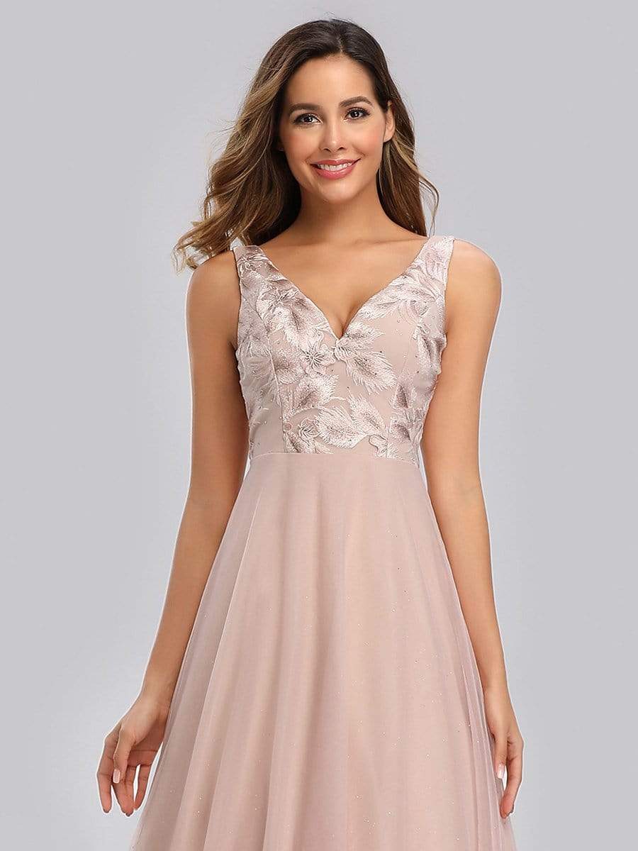 Color=Blush | Elegant V-Neck Floor Length Embroidery Evening Dress-Blush 5