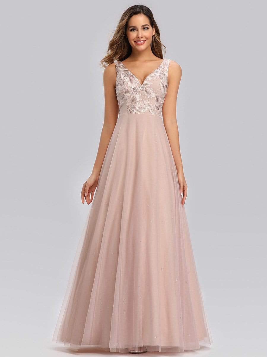Color=Blush | Elegant V-Neck Floor Length Embroidery Evening Dress-Blush 1