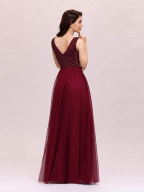 Color=Burgundy | Women'S V-Neck Sequins Dress Patchwork Evening Party Dress-Burgundy 2