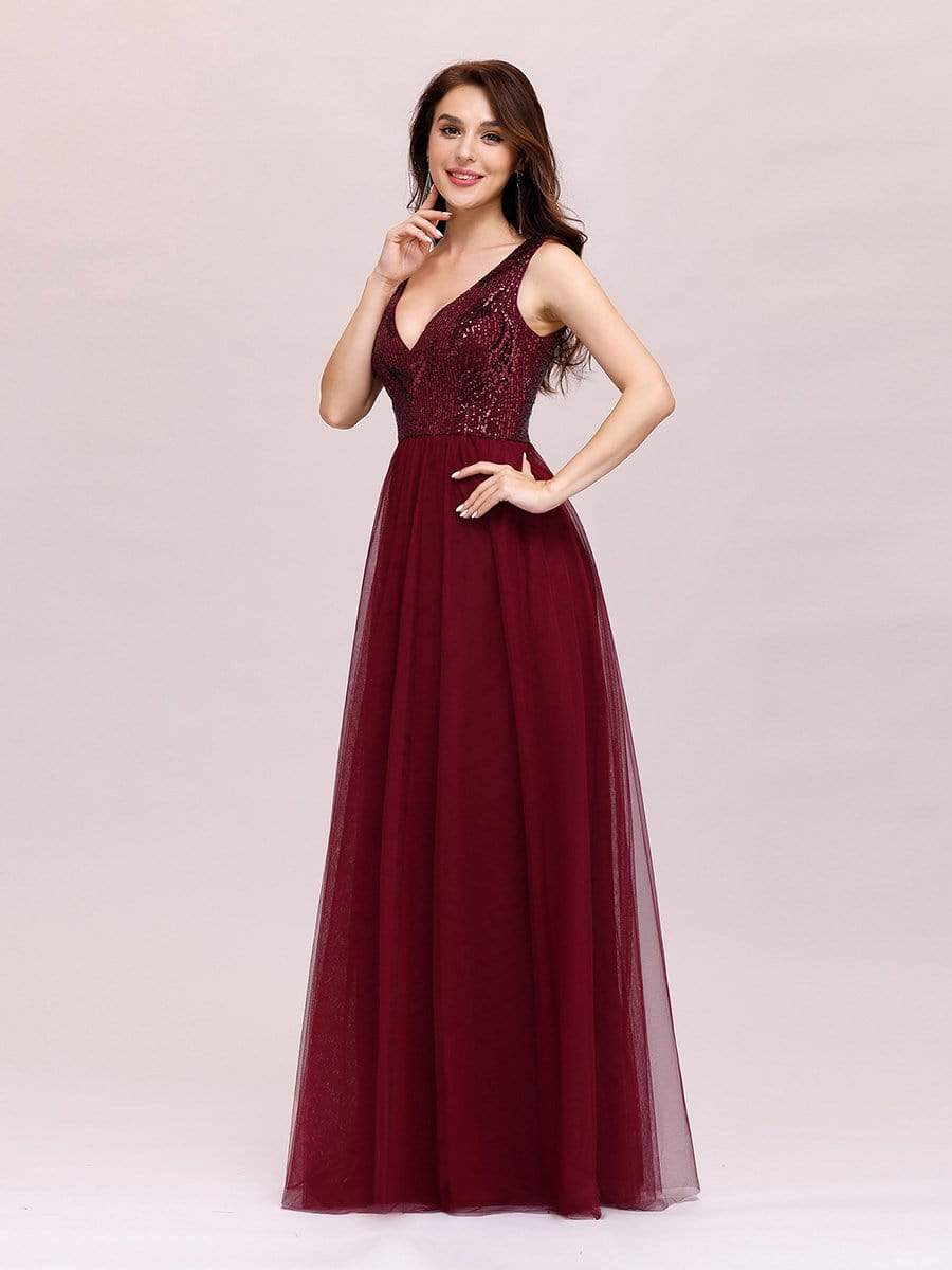 Color=Burgundy | Women'S V-Neck Sequins Dress Patchwork Evening Party Dress-Burgundy 3