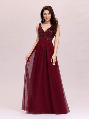 Color=Burgundy | Women'S V-Neck Sequins Dress Patchwork Evening Party Dress-Burgundy 4