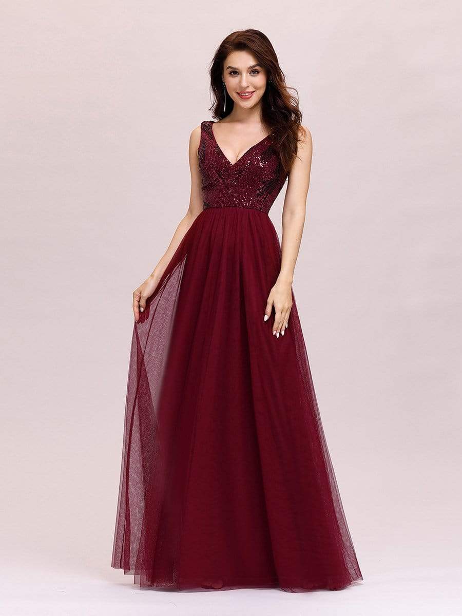 Color=Burgundy | Women'S V-Neck Sequins Dress Patchwork Evening Party Dress-Burgundy 4