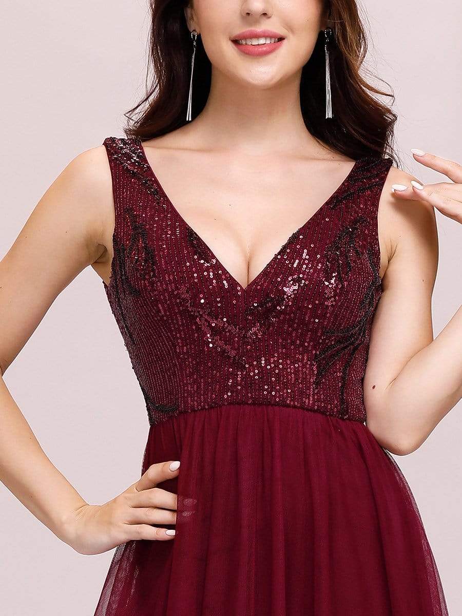 Color=Burgundy | Women'S V-Neck Sequins Dress Patchwork Evening Party Dress-Burgundy 5