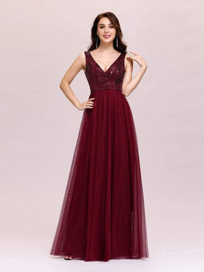 Color=Burgundy | Women'S V-Neck Sequins Dress Patchwork Evening Party Dress-Burgundy 1