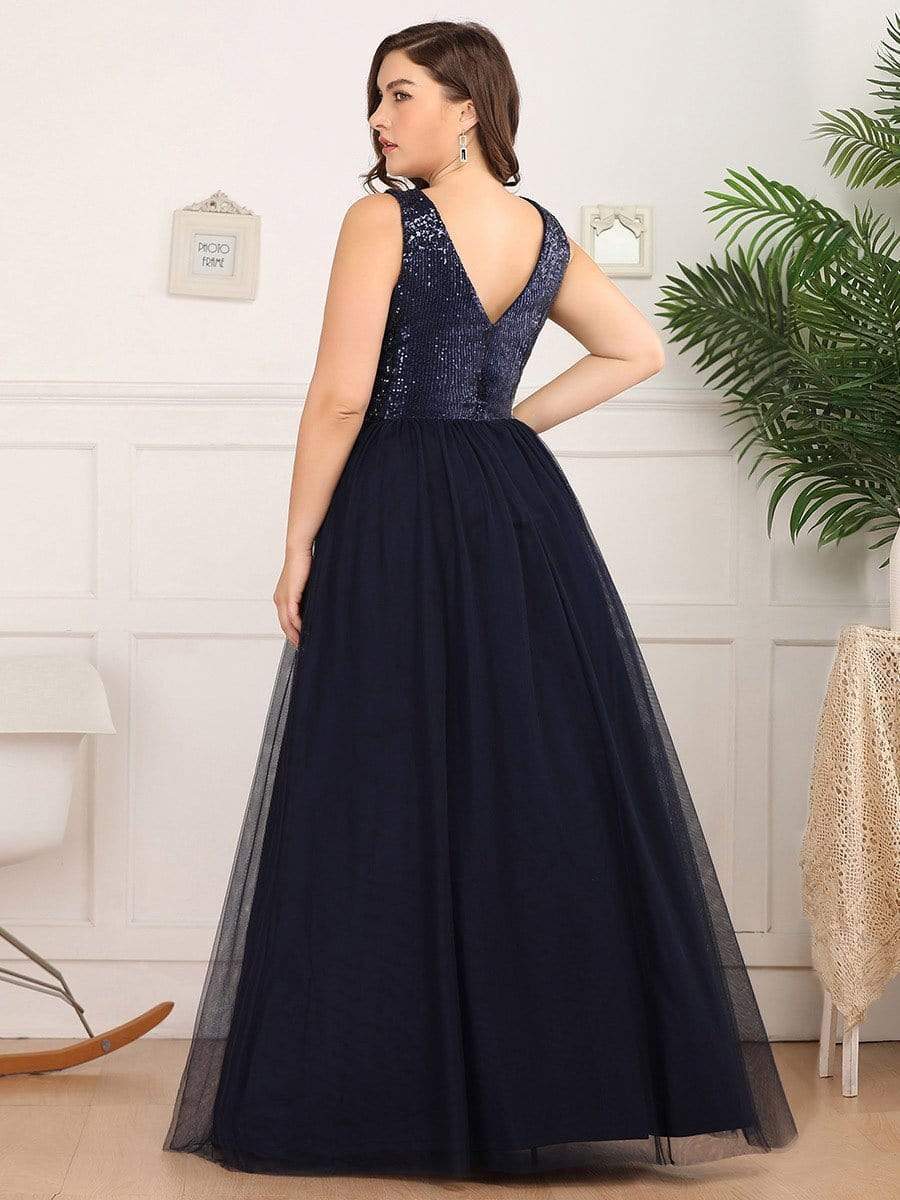 Color=Navy Blue | Plus Size Women'S V-Neck Sequins Dress Patchwork Evening Party Dress-Navy Blue 2