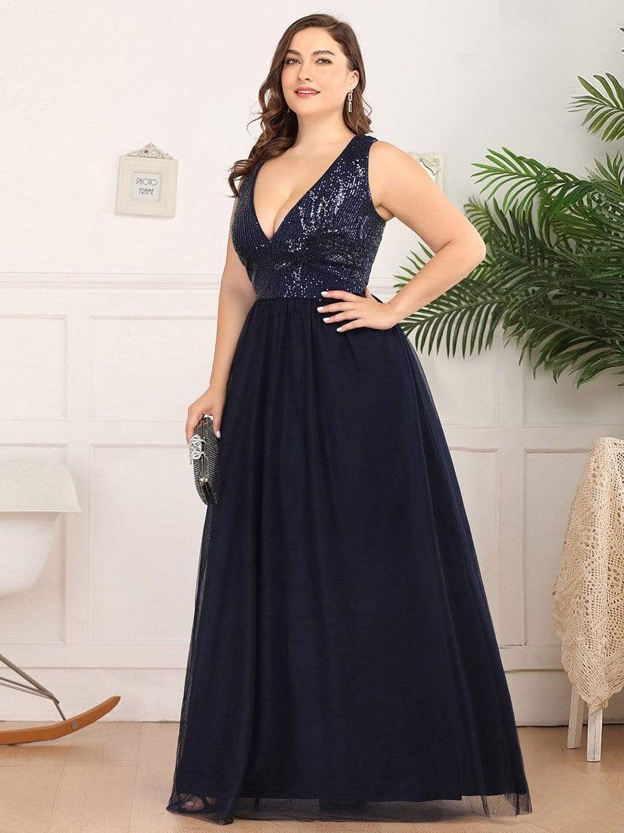 Color=Navy Blue | Plus Size Women'S V-Neck Sequins Dress Patchwork Evening Party Dress-Navy Blue 3