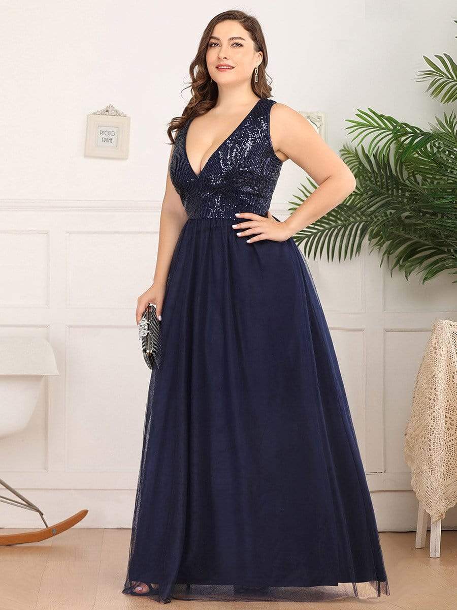 Color=Navy Blue | Women'S V-Neck Sequins Dress Patchwork Evening Party Dress-Navy Blue 8