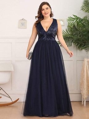 Color=Navy Blue | Plus Size Women'S V-Neck Sequins Dress Patchwork Evening Party Dress-Navy Blue 4