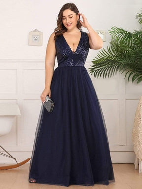 Color=Navy Blue | Women'S V-Neck Sequins Dress Patchwork Evening Party Dress-Navy Blue 7
