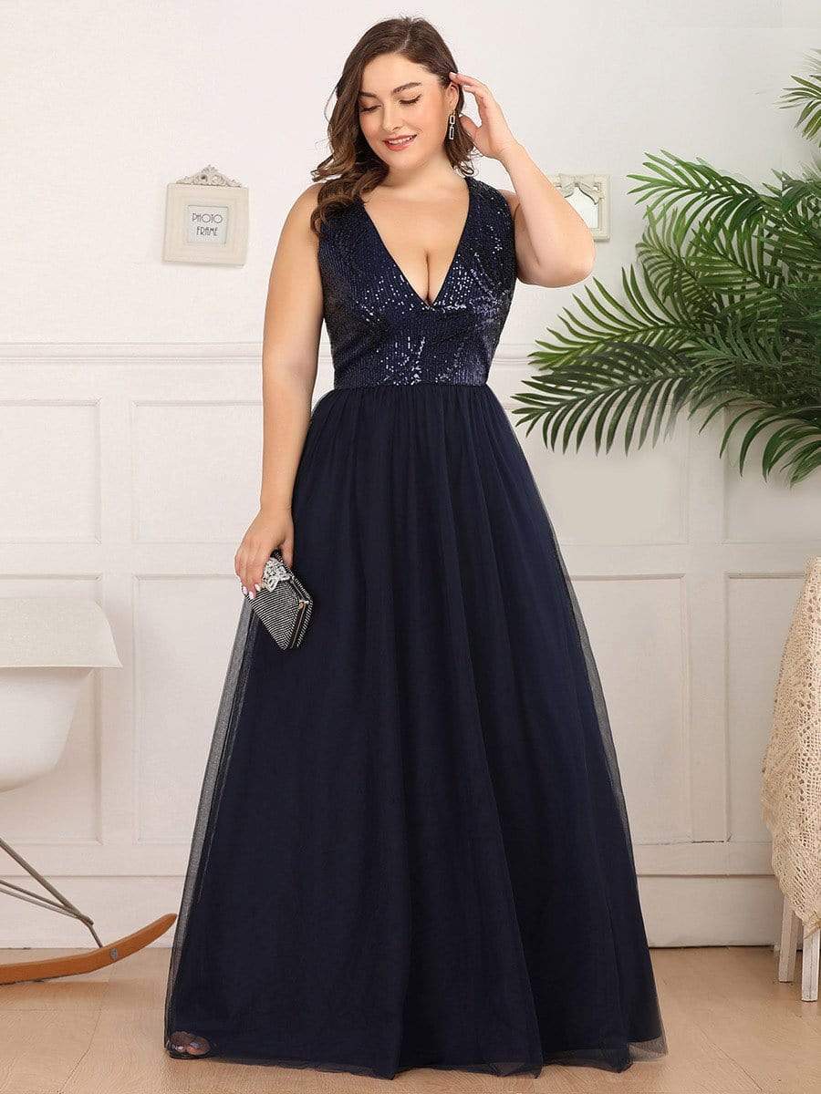 Color=Navy Blue | Plus Size Women'S V-Neck Sequins Dress Patchwork Evening Party Dress-Navy Blue 1
