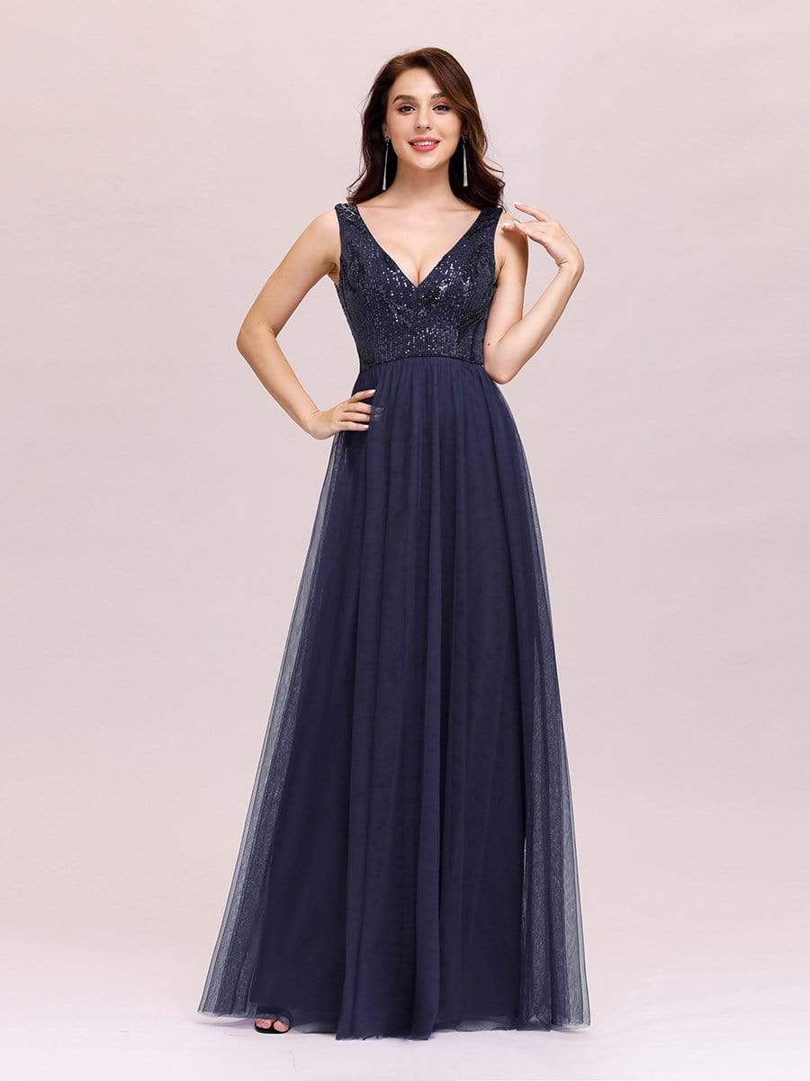 Color=Navy Blue | Women'S V-Neck Sequins Dress Patchwork Evening Party Dress-Navy Blue 4