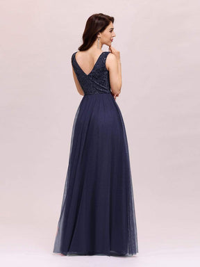 Color=Navy Blue | Women'S V-Neck Sequins Dress Patchwork Evening Party Dress-Navy Blue 5