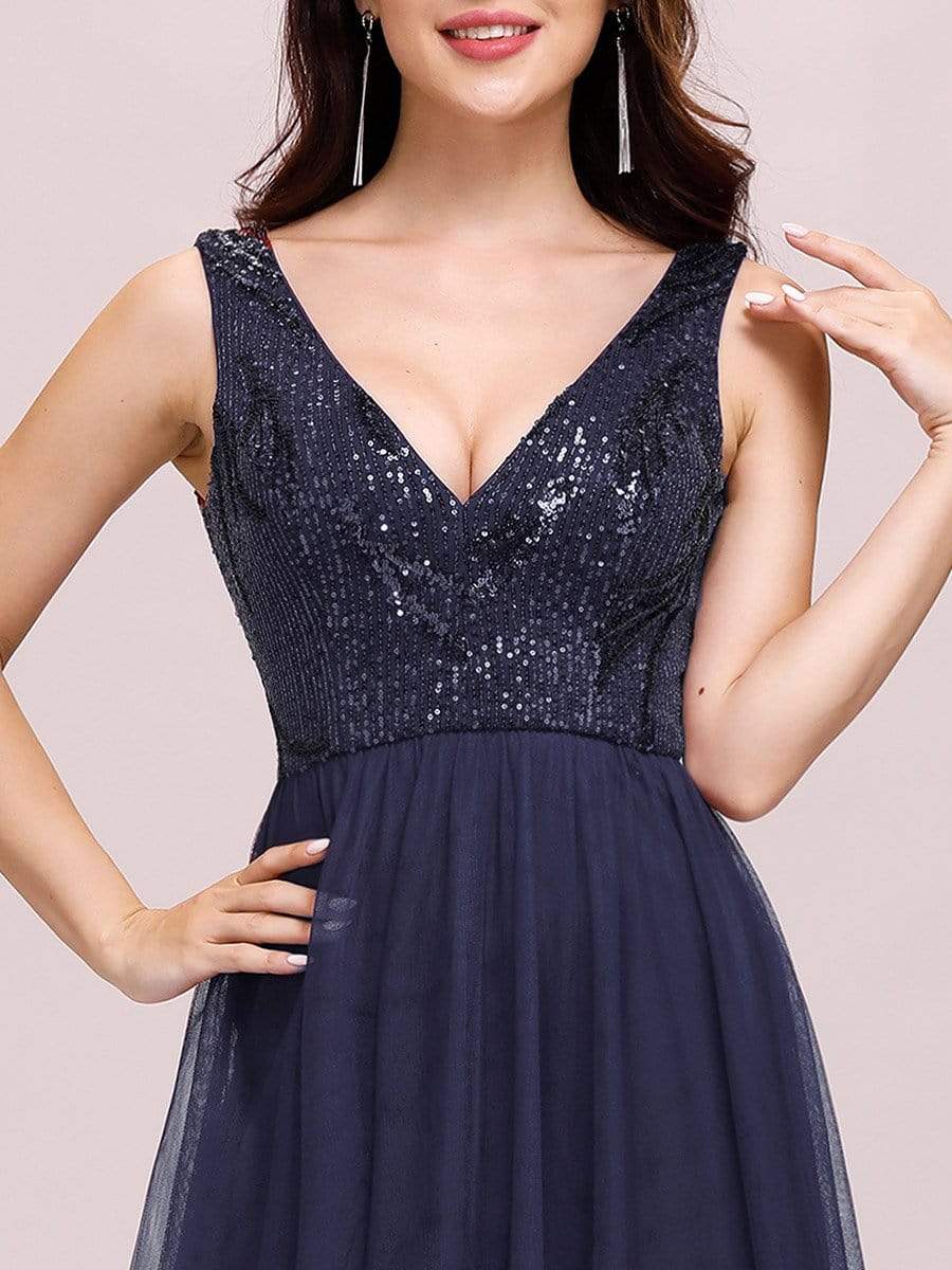 Color=Navy Blue | Women'S V-Neck Sequins Dress Patchwork Evening Party Dress-Navy Blue 6