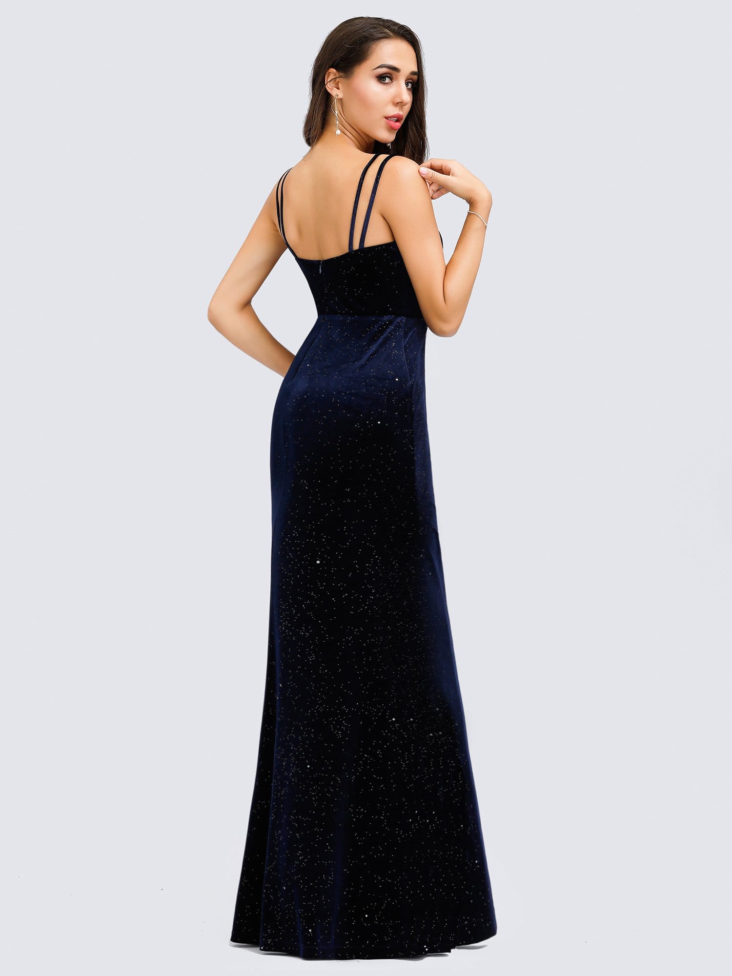 Color=Navy Blue | Women'S V-Neck Spaghetti Straps Sparkly Velvet Evening Dresses-Navy Blue 5
