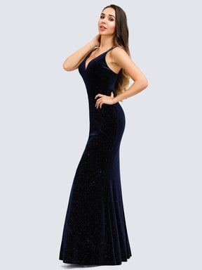 Color=Navy Blue | Women'S V-Neck Spaghetti Straps Sparkly Velvet Evening Dresses-Navy Blue 6