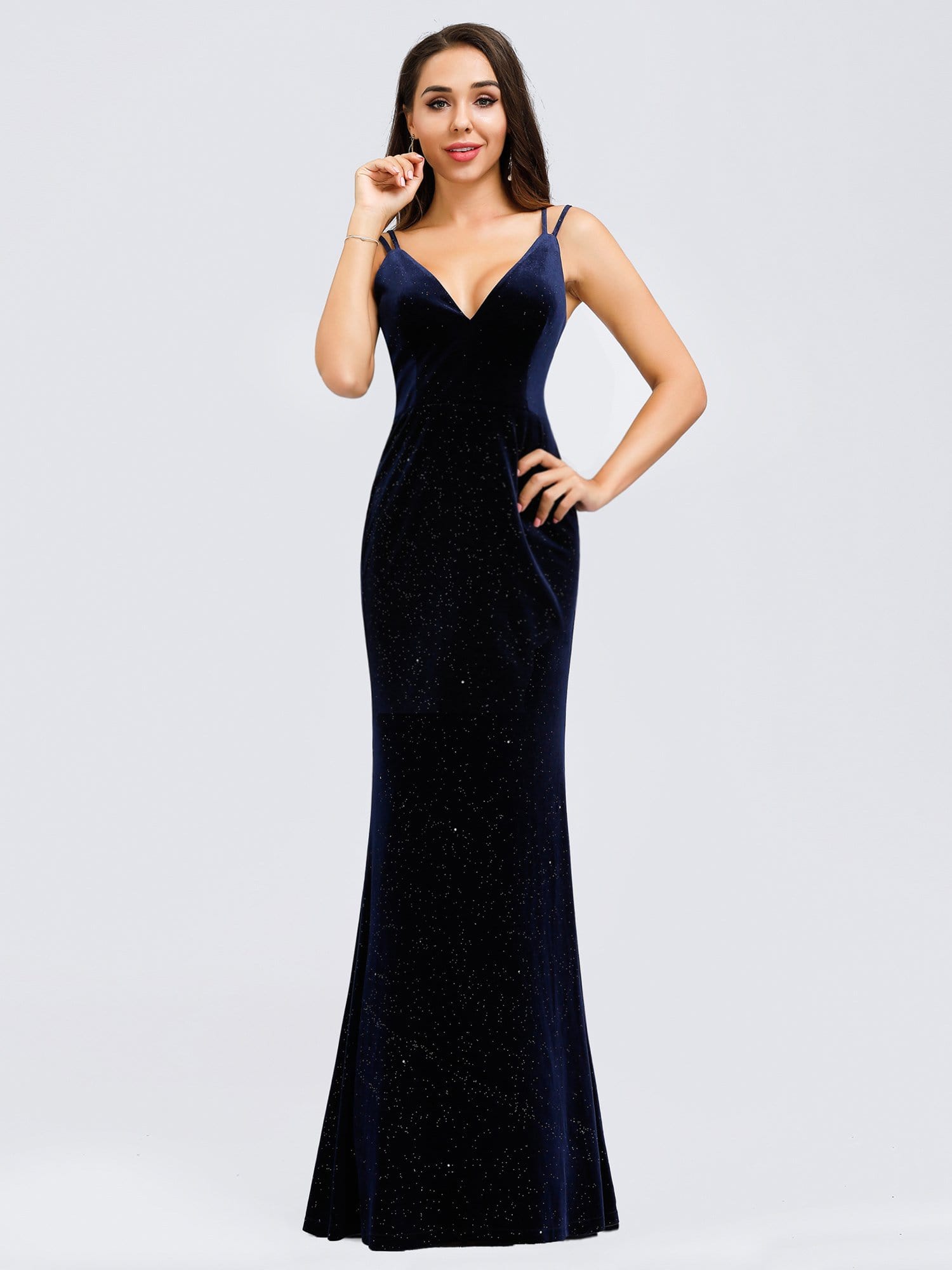 Color=Navy Blue | Women'S V-Neck Spaghetti Straps Sparkly Velvet Evening Dresses-Navy Blue 7