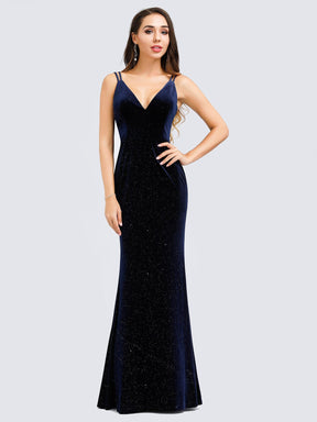 Color=Navy Blue | Women'S V-Neck Spaghetti Straps Sparkly Velvet Evening Dresses-Navy Blue 4