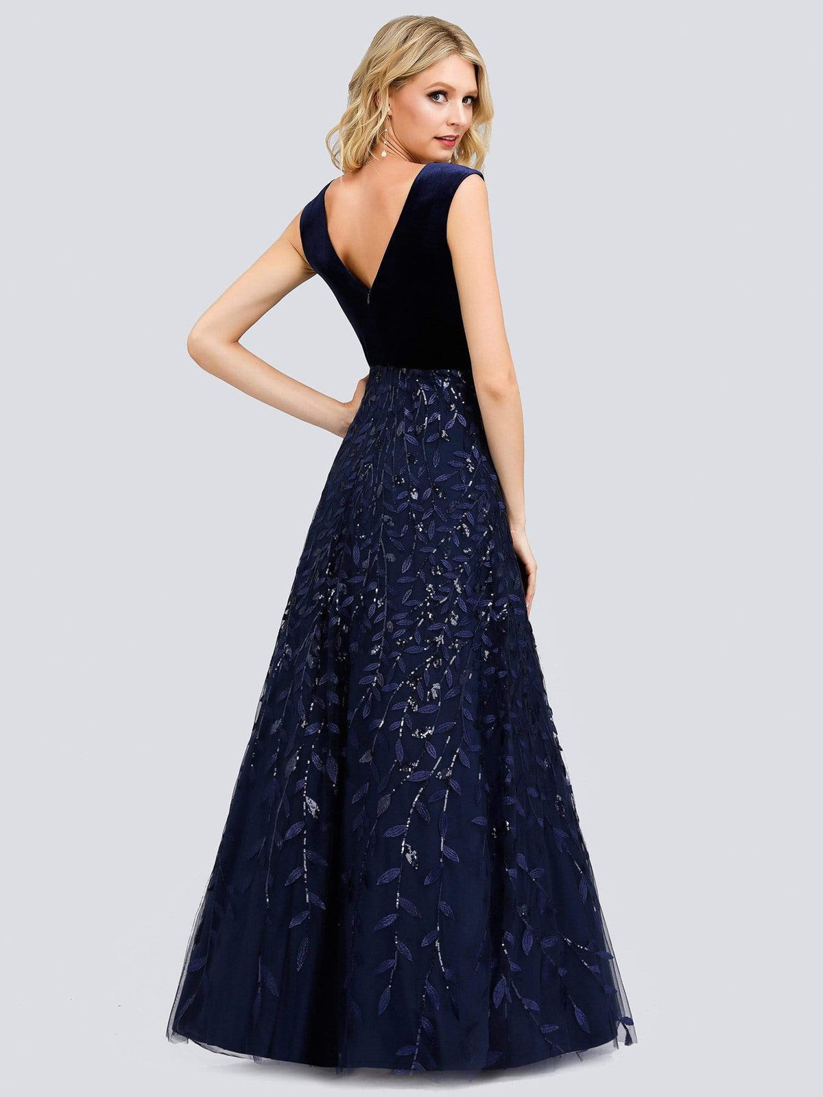 Color=Navy Blue | Gorgeous Double V Neck Embroidery Prom Dress-Navy Blue 2