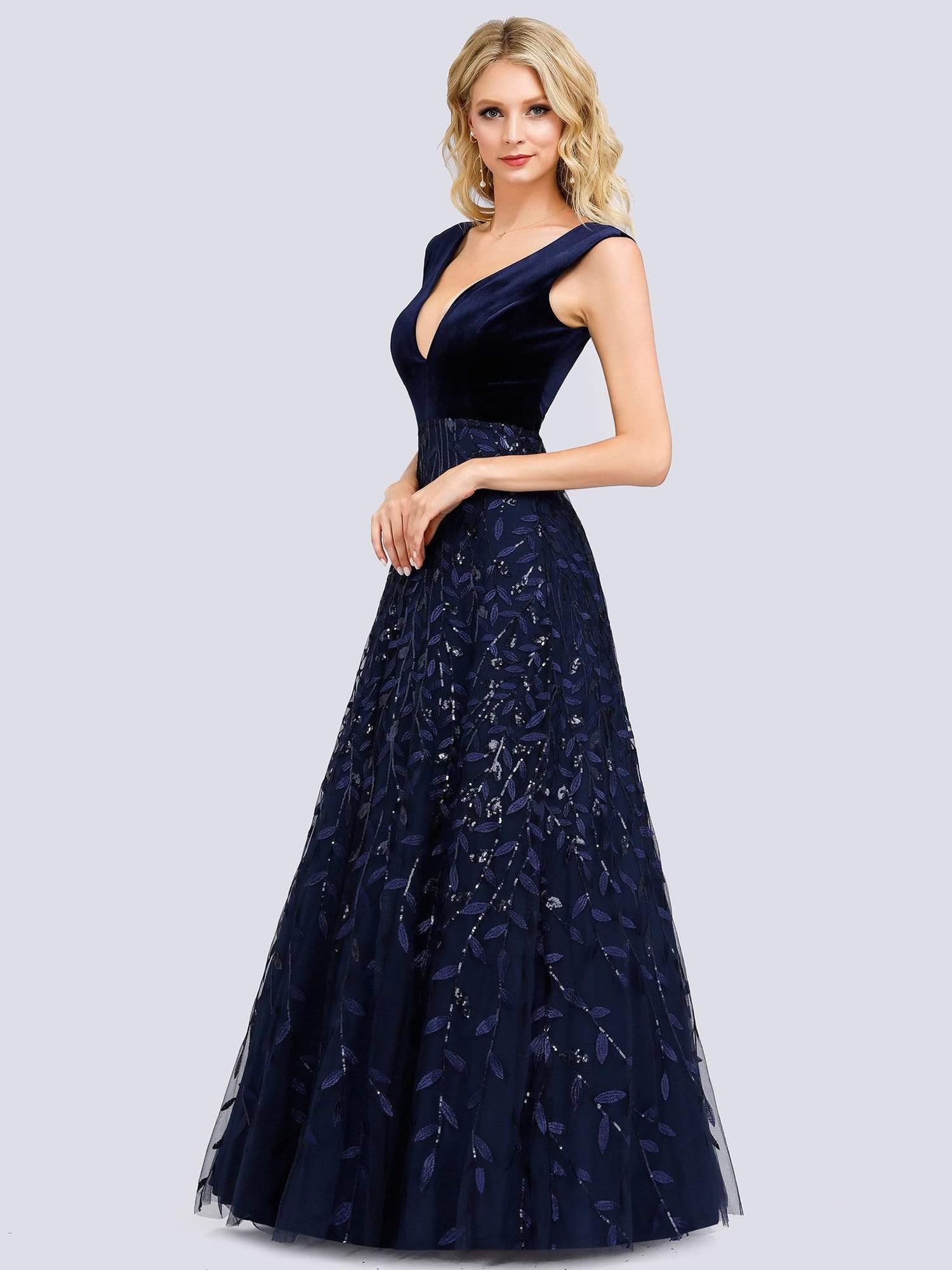 Color=Navy Blue | Gorgeous Double V Neck Embroidery Prom Dress-Navy Blue 3