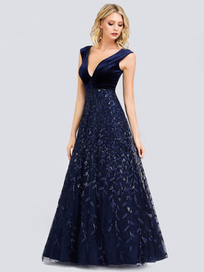 Color=Navy Blue | Gorgeous Double V Neck Embroidery Prom Dress-Navy Blue 4